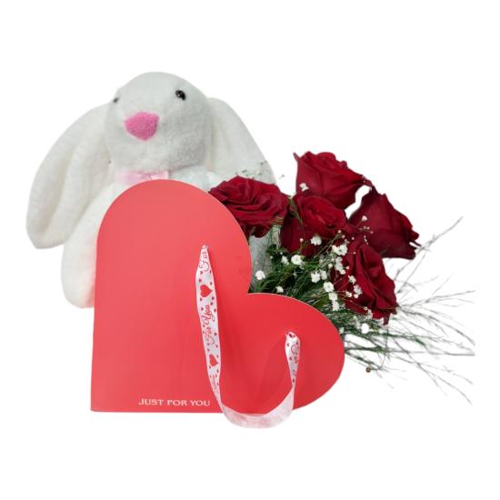 Cute Rabbit and Red Roses in a Heart Flower Bag