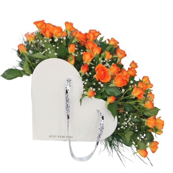 Orange Arbor Roses in Heart Flower Bag