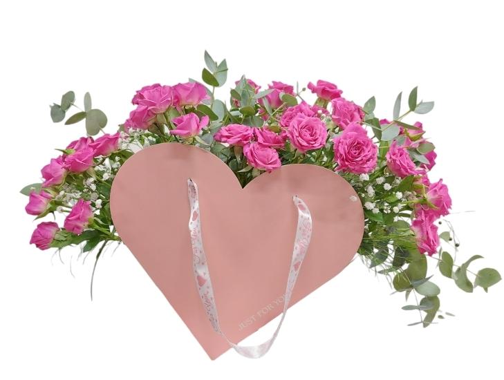 Pink Arbor Roses in a Heart Flower Bag