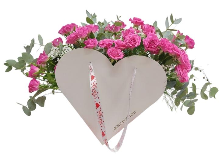 Pink Arbor Roses in a Heart Flower Bag